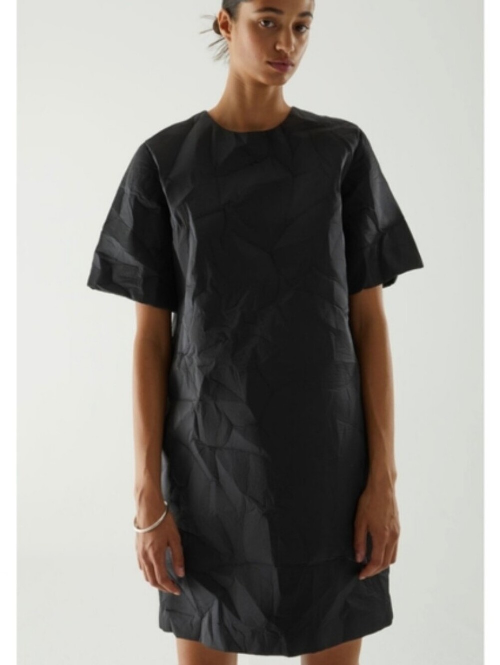 NEW COS Crinkled Black Dress Size Large Boxy Short Sleeve Crew Neck